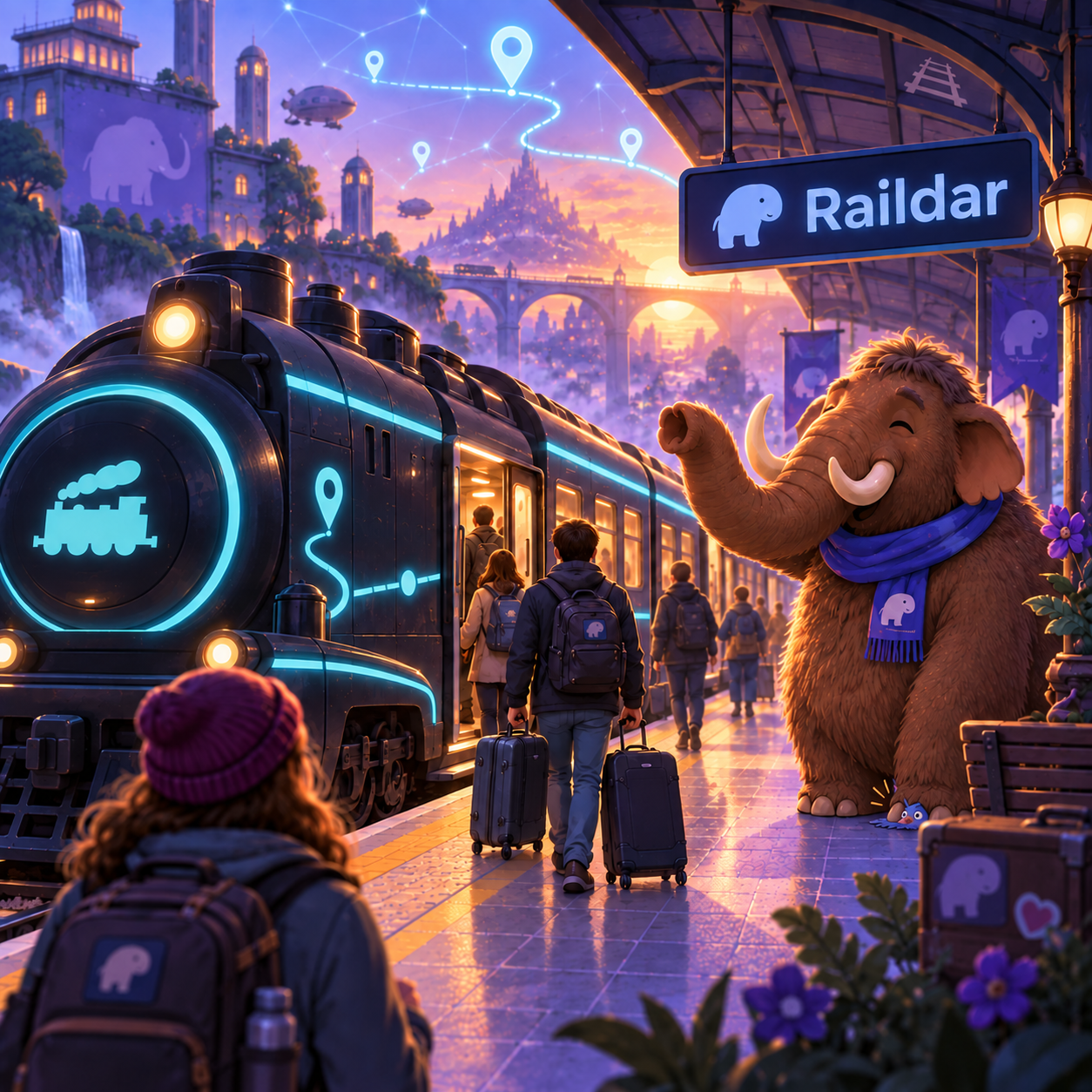 Un train noir arrive dans une gare fantastique au crépuscule, accueilli par un mammouth, tandis qu'une trace GPS lumineuse traverse le ciel.